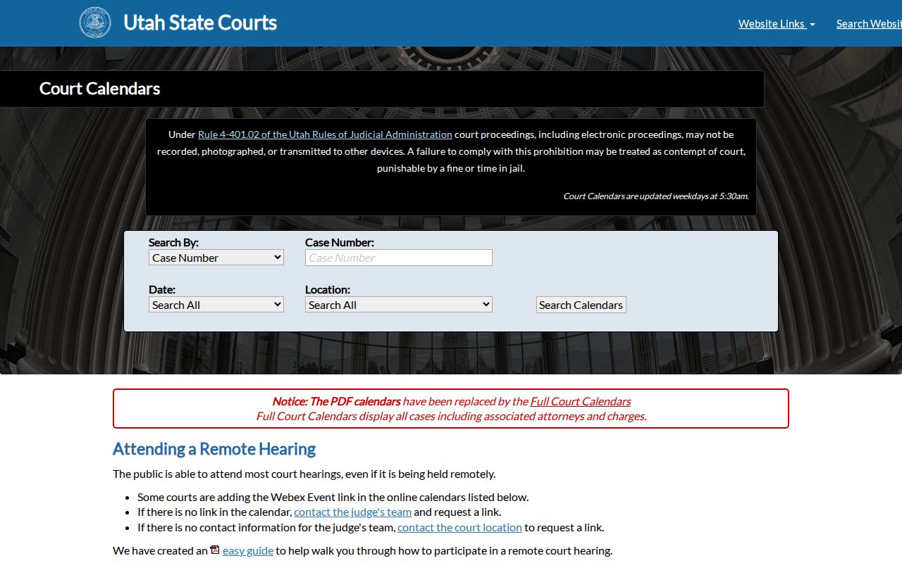 Emery County warrant search, blank Utah Courts Calendar controls