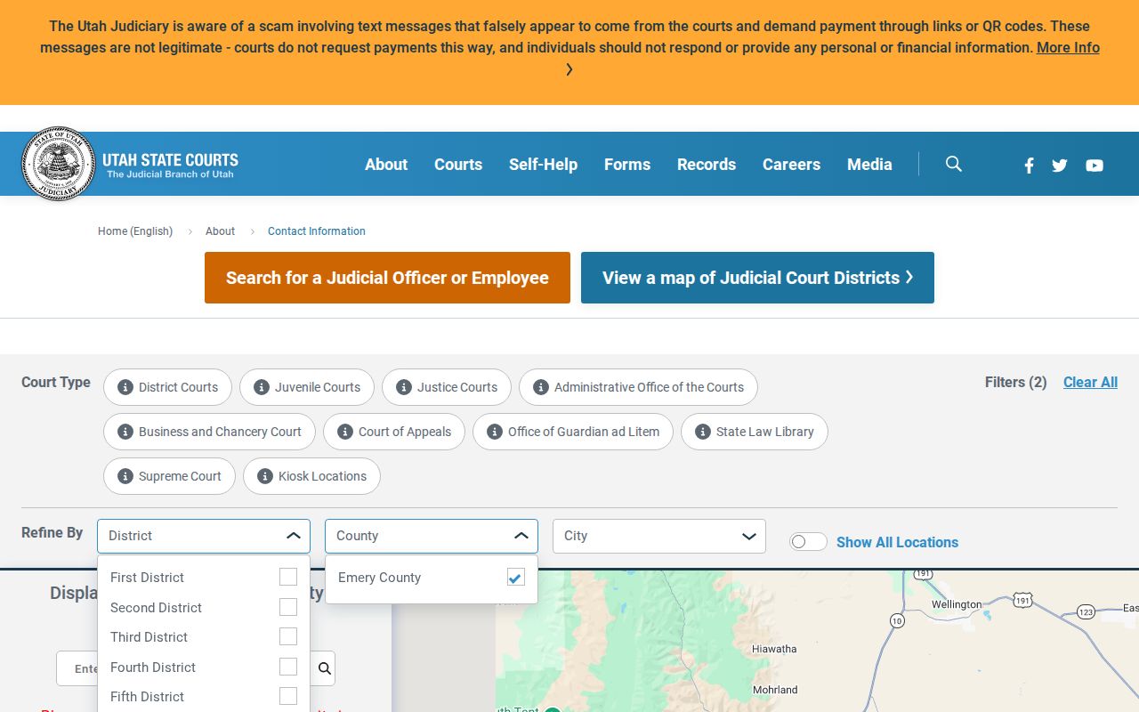 Emery County active warrant search, current Utah Courts directory listing