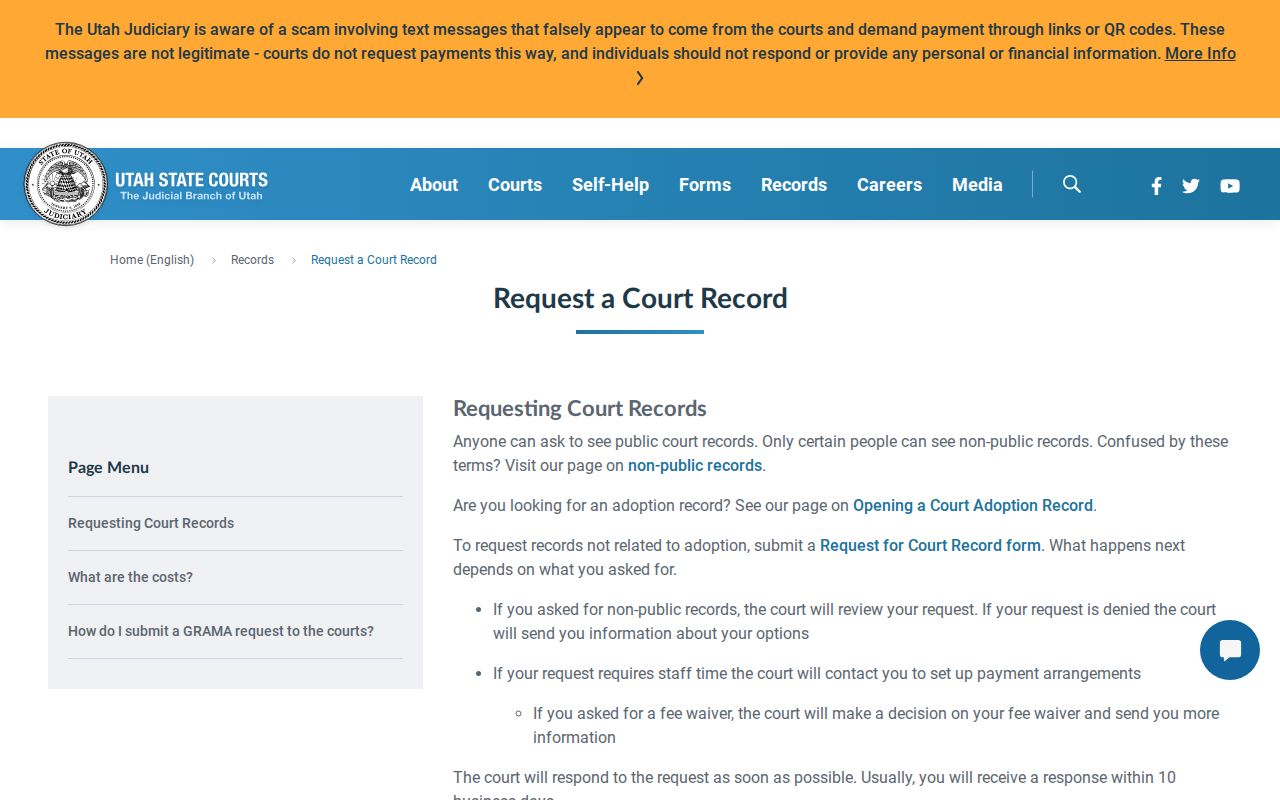 Emery County warrant search, official court record request page