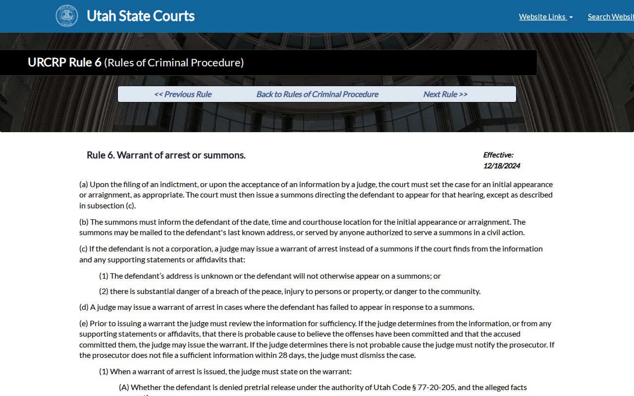 Emery County arrest warrant process, Utah Rule 6 source page