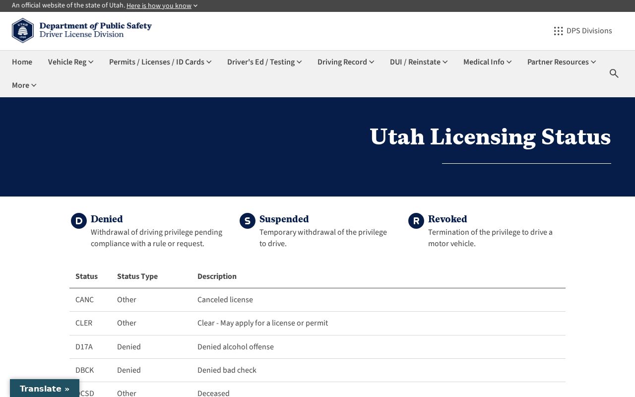 Emery County traffic warrant reference, Utah Driver License Division status page