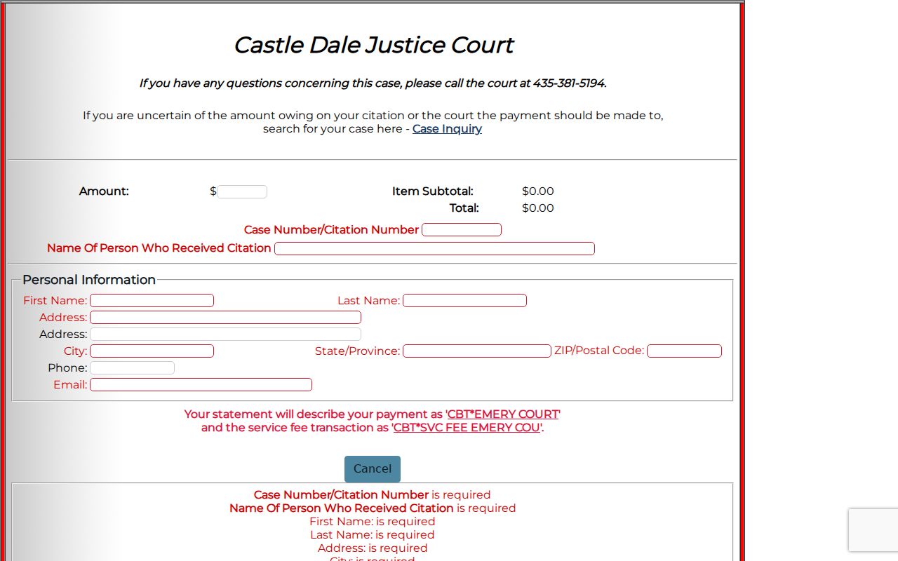Emery County traffic warrant payment, blank Castle Dale Justice Court form