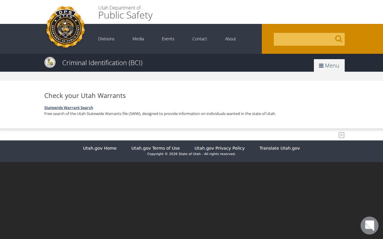 Emery County warrant records, Utah BCI search information